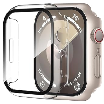 Smiling 2 Pack Case Compatible with Apple Watch Series 9/8/7 41mm with Tempered Glass Screen Protector, Hard PC Case Overall Protective Cover - 1 Starlight + 1 Transparent