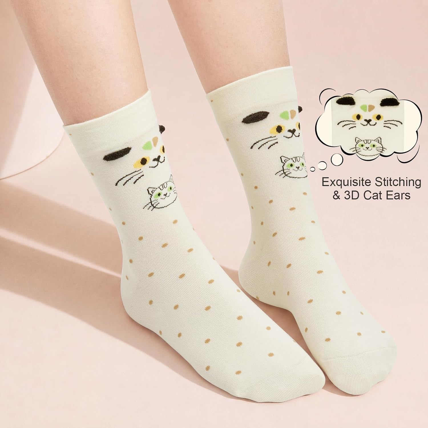 Women's Cute Cat Crew Socks,3 Pairs Cotton Soft for Cat Lovers Gifts image 2