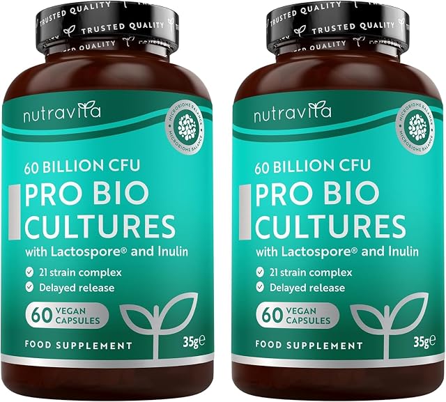 Nutravita Probioticos y Prebioticos Intestinales con 60 Mil Millones UFC | 2 x 60 Cápsulas Veganas - Inulina y 21 Cepas Bacterianas, Microbiota Intestinal, Prebioticos y Probioticos Mujer y Hombre