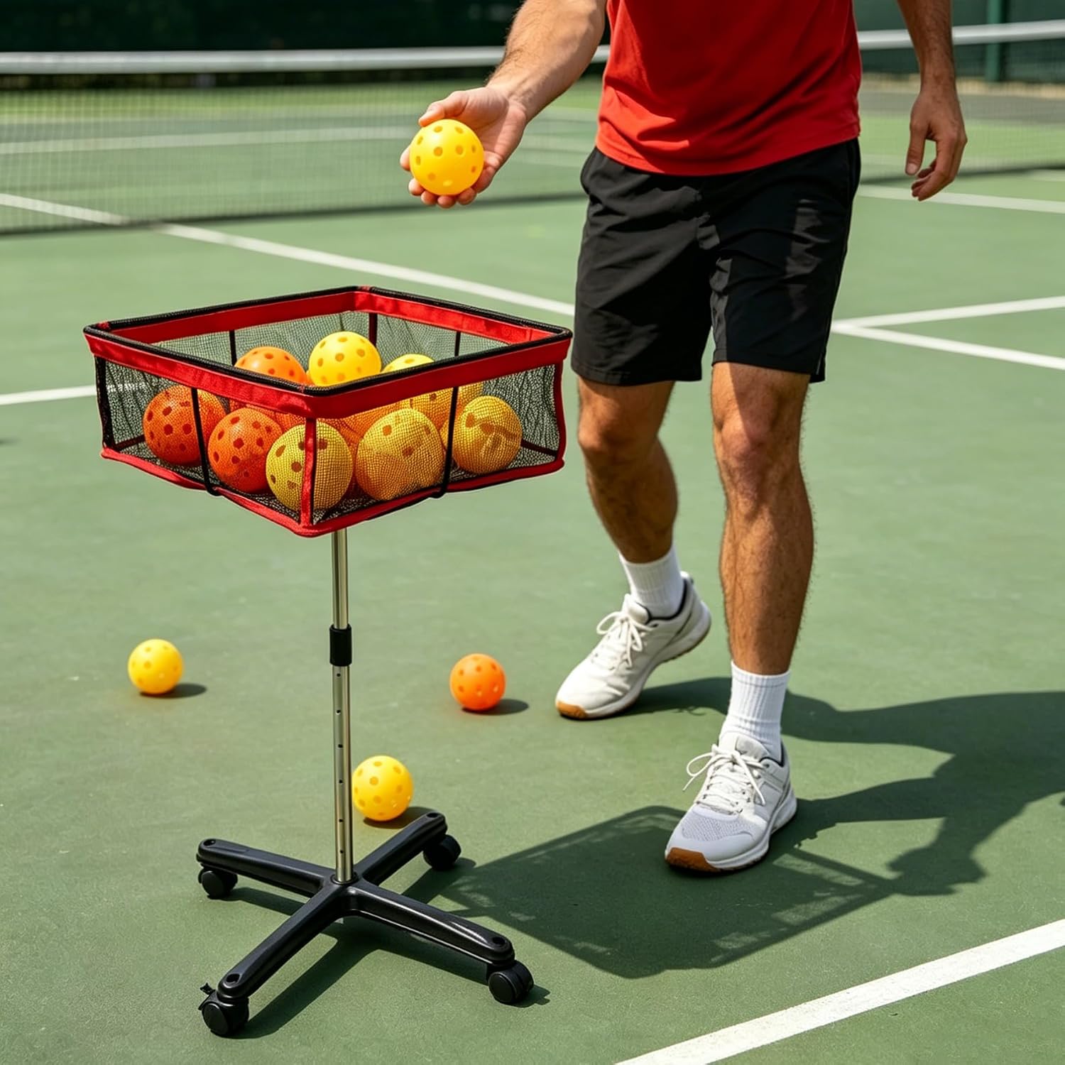 TNZMART Ping Pong Ball Pickleball Holder with Wheels, Height Adjustable Ping Pong Storage Cart, Portable Table Tennis Ball Collection Basket for Indoor Outdoor Training Practice