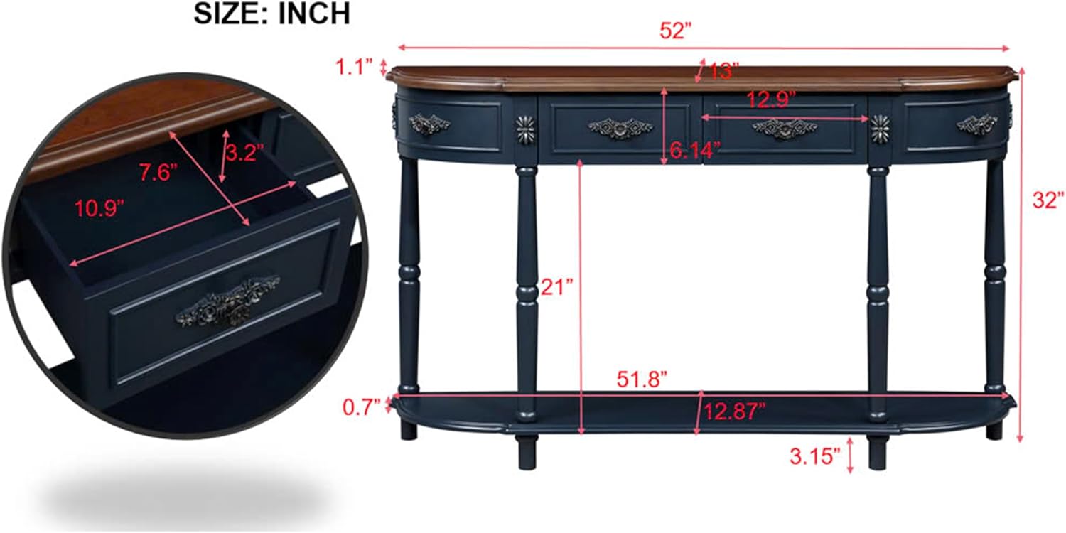 Knocbel 52in Sofa Console Table with 2 Storage Drawers and Bottom Slatted Shelf, Entry Hallway Foyer Long Retro Curved Table with Legs, 13" D x 52" W x 32" H Navy Blue