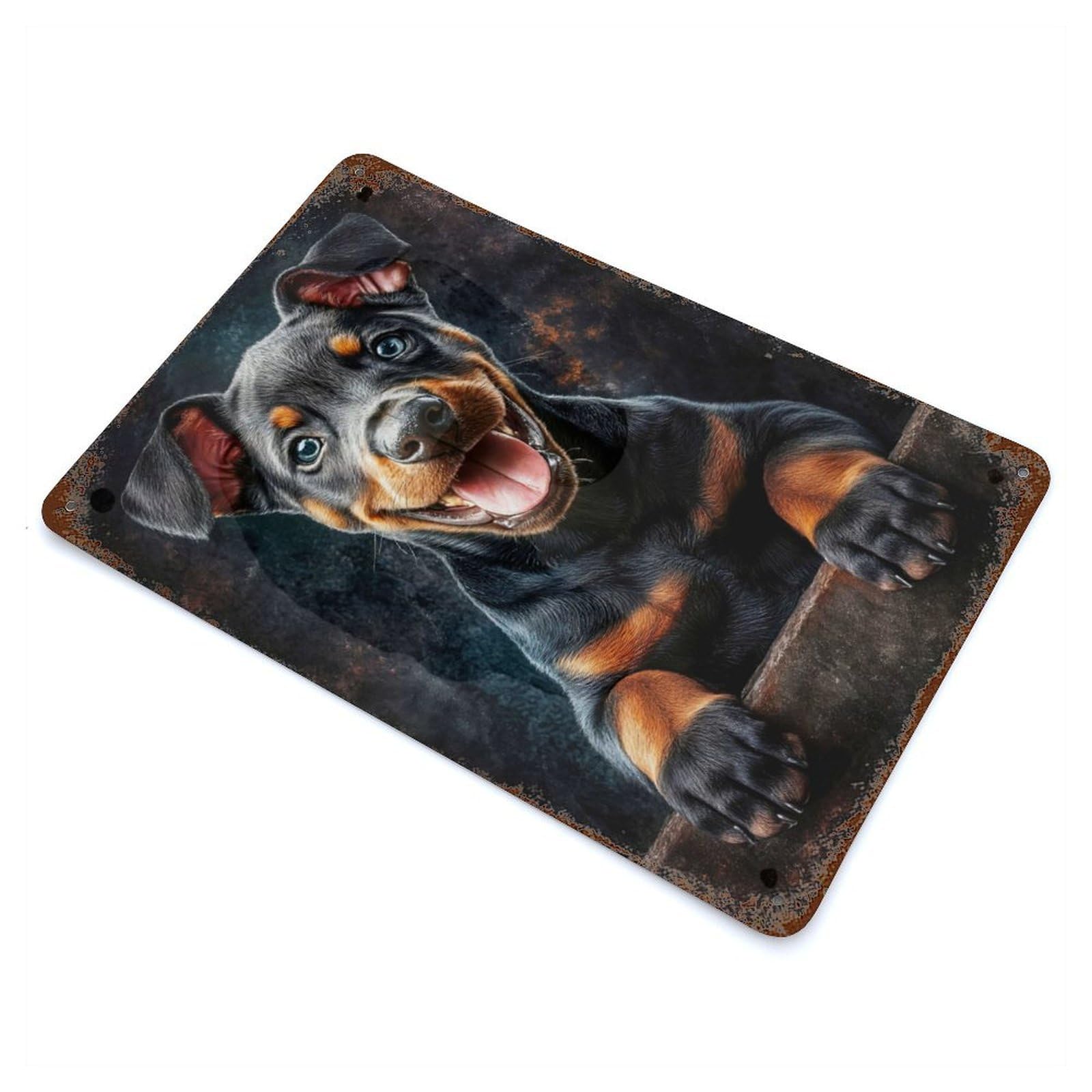 Weathered Tin Sign with Smiling Doberman Puppy Design 11.8"x7.9", for Garage, Bar And Workshop Decor, Decorative Metal Wall Art