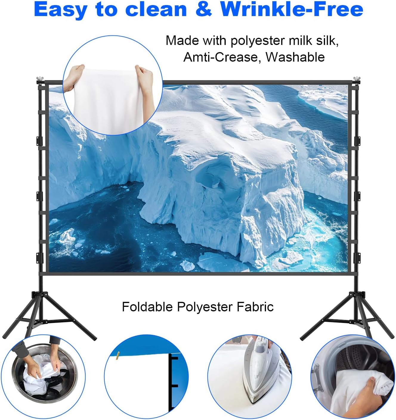 Outdoor Projector Screen with Stand, 150 inch Portable Projection Screen Wrinkle-Free 16:9 4K HD Rear Front Movie Screen with Carry Bag for Indoor Home Theater, Camping and Backyard Entertainment