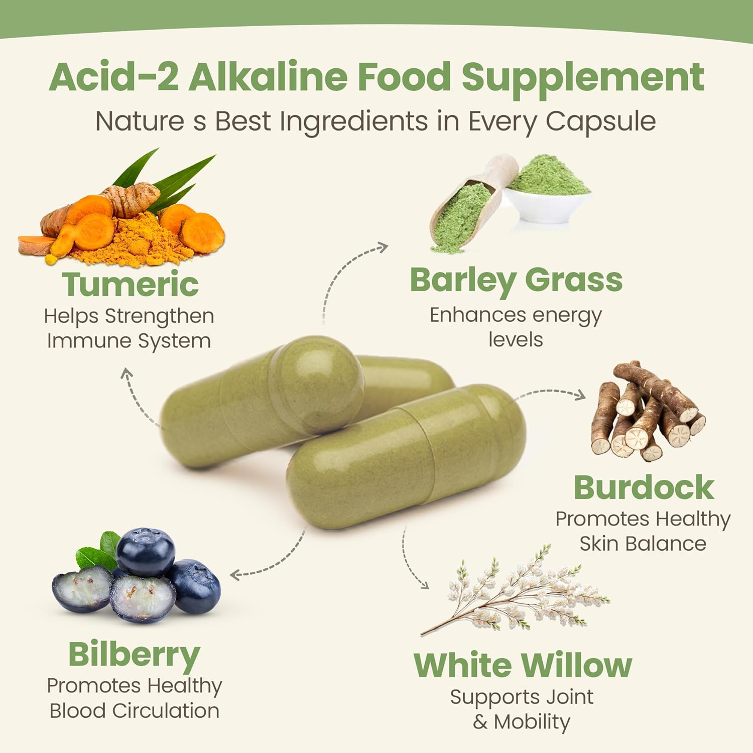 Nature’s Brands Acid-2-Alkaline Supplements for Energy, Digestion & Immunity - pH Balance & Detox Support with Turmeric, Bilberry, Barley Grass & Burdock - 90 Vegetarian Capsules - Image 2