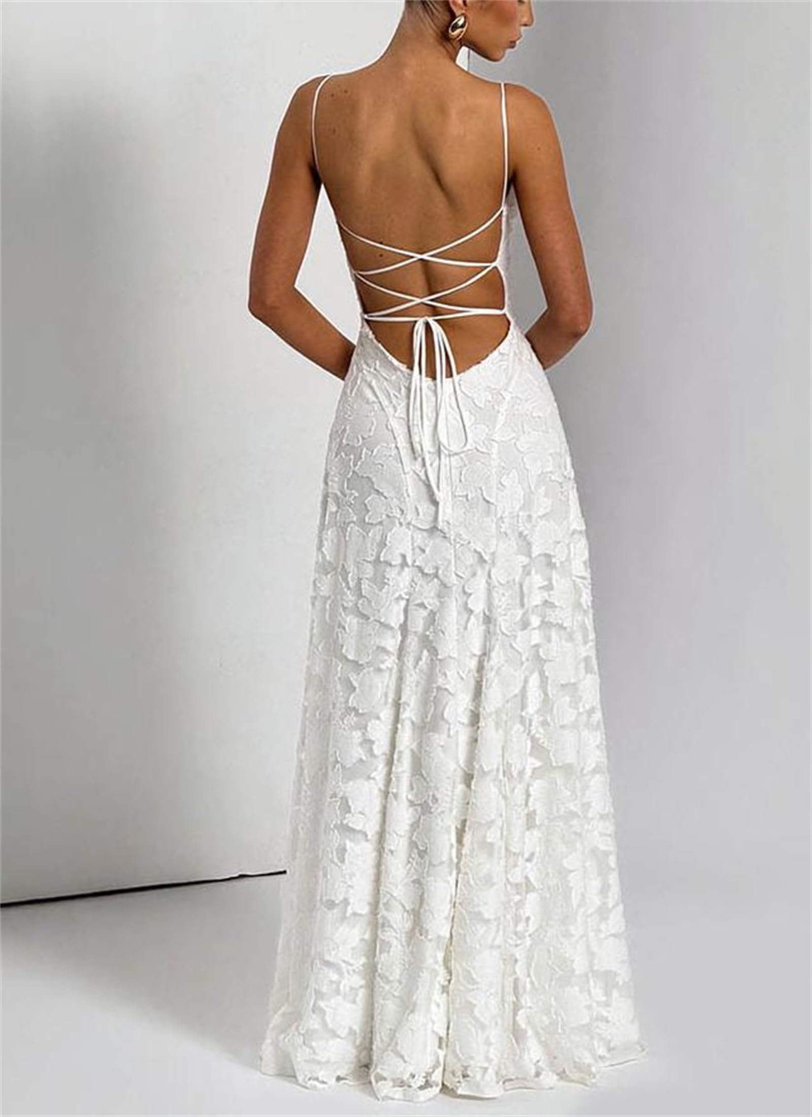 Abito da damigella d'onore con spalline sottili da donna, lungo maxi abito formale in jacquard per ospiti di matrimonio, applicazioni in pizzo