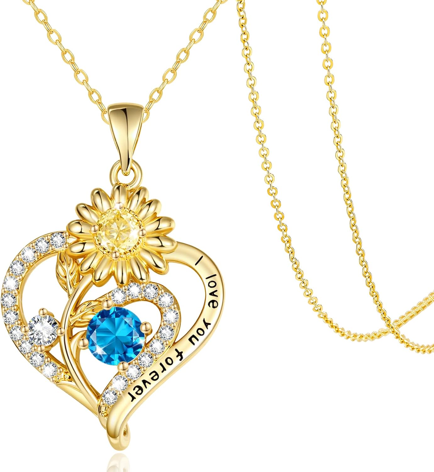 14K Gold Sunflower Heart Pendant,I Love You Forever Jewelry Birthstone Necklace Anniversary Birthday Gifts for Women