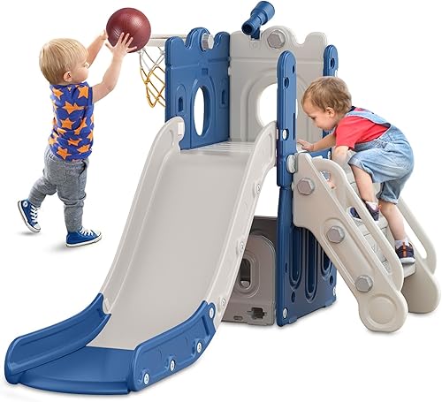 BIERUM 7 in 1 Toddler Slide, L-Shaped Baby Slide for Toddlers Age 1-3 with Basketball Hoop, Ring Toss, Storage Space, Outdoor Indoor Slide Playset