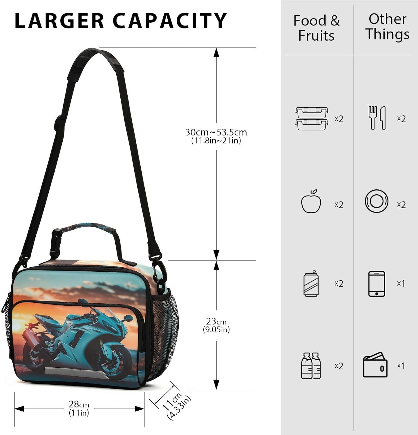 Sunset Motorcycle Lunch Box Insulated Lunch Bag Men Women Adult Cooler Tote Shoulder Strap Reusable for Picnic Travel Office