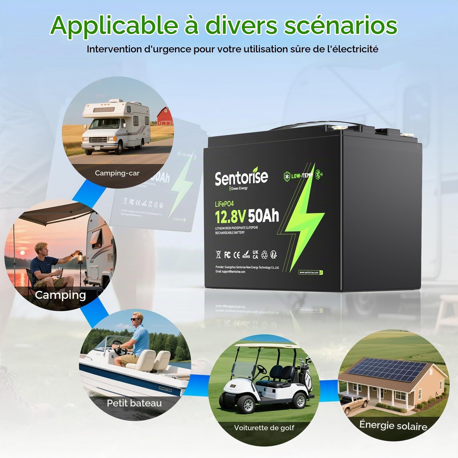 Batterie LiFePO4 12.8V 50Ah 640Wh Batterie à décharge profonde avec BMS 50A, protection basse température Remplacement léger pour camping‑car, marine, bateau, solaire, camping