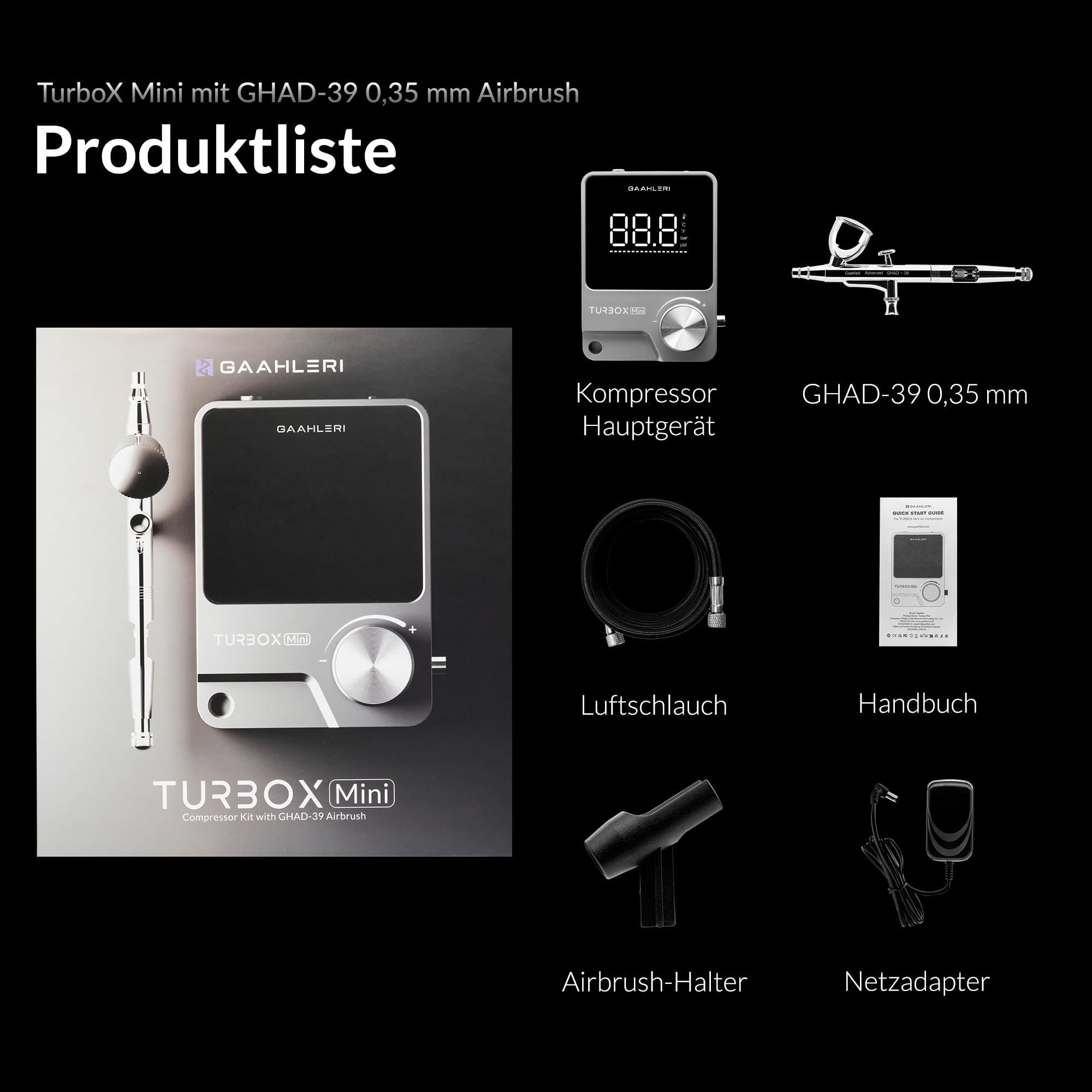 Gaahleri Turbox Mini Airbrush-Kit GHAD-39 0.35mm Dual-Action 18 Luftstufen Digitalanzeige
