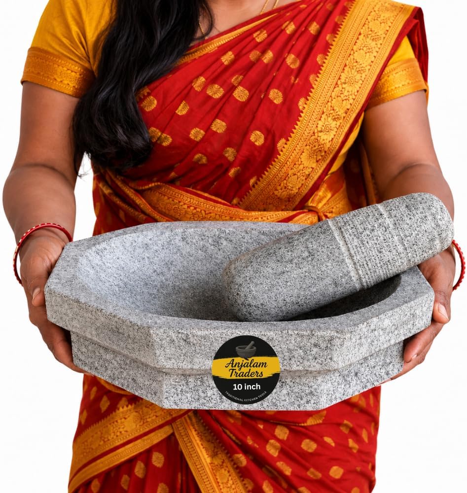 Mortar Pestle for Kitchen kalvam-5 kg Heavy, 10 inch Block Shape, 3 Cup Capacity - Kalvam/Khalbatta/Silbatta for Chutney