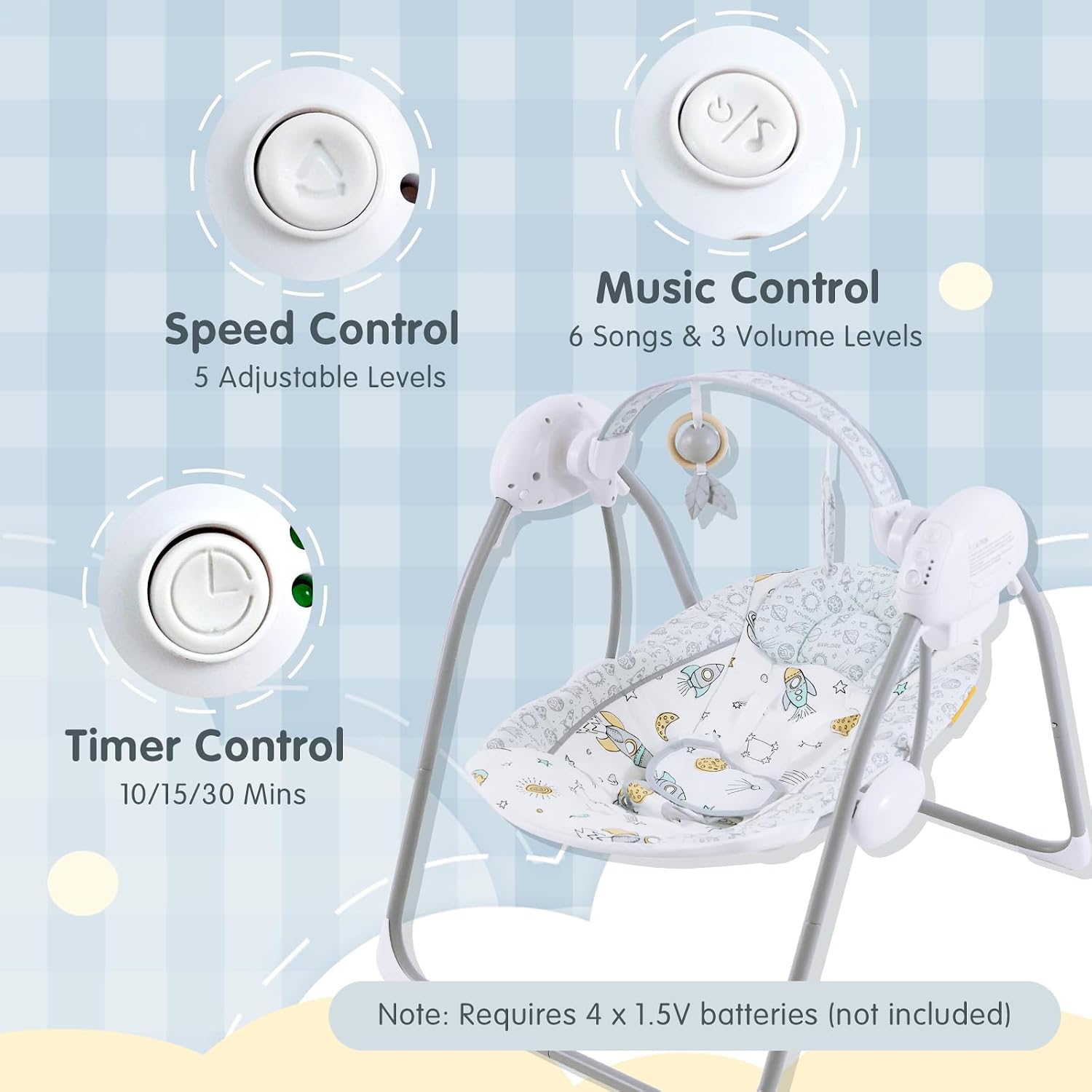 Baby Swings for Infants, Portable Baby Swing with Music, 5 Speed Levels, Timer, Infant Swing for Indoor Outdoor Use, 0-9 Months Up to 20 lbs