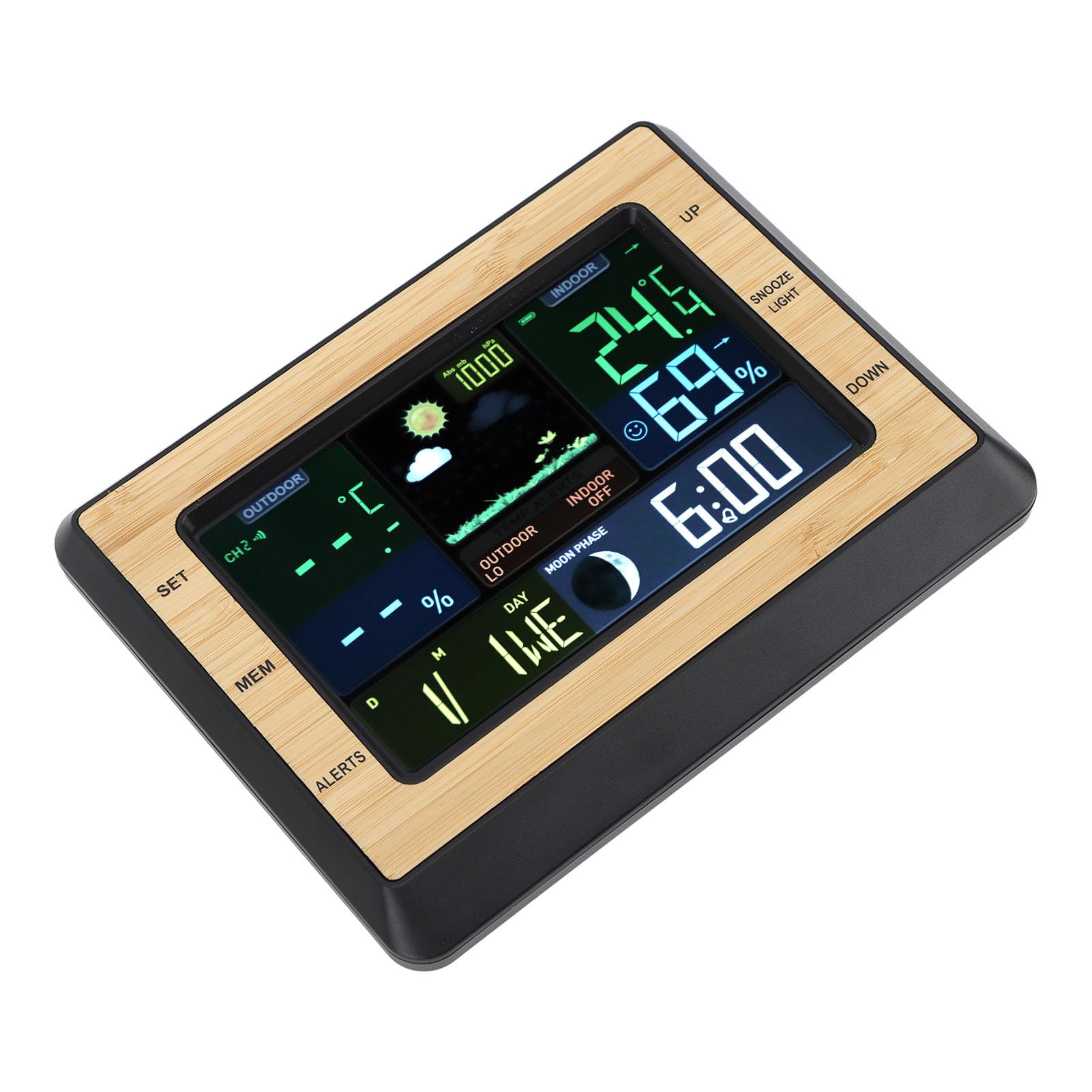 Termometro wireless per interni ed esterni con stazione meteorologica, monitor digitale per umidità e temperatura con display a colori con previsioni, barometro, fasi lunari e