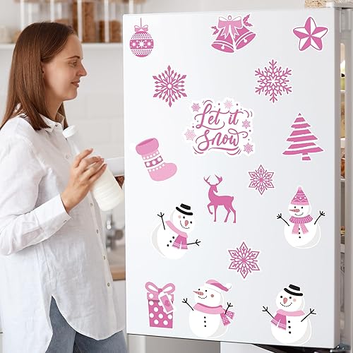 Miniatura 5 de Whaline 20 imanes de decoración de Navidad, imanes de invierno rosados, muñeco de nieve, copo de nieve, calcomanías magnéticas decorativas para