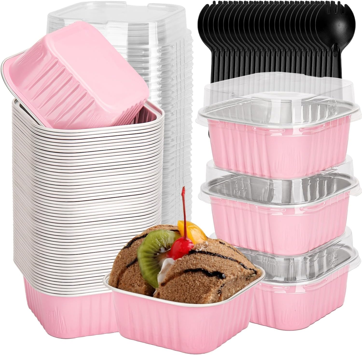selizo 60 Pack 9oz Mini Disposable Cake Pans with Lids, Aluminum Foil Square Baking Cups, 3.5”x3.5” Small Baking Cake Tins Cup Cake Containers with Lids for Individual Cakes