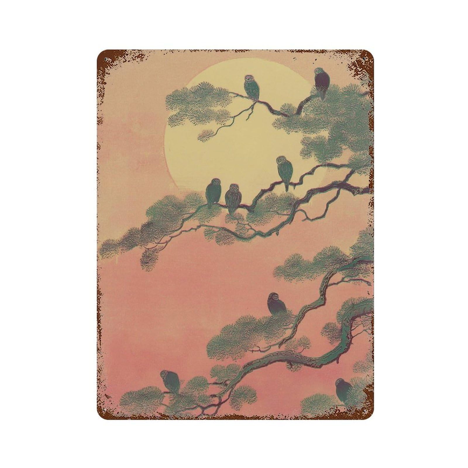 xiaoxiaoshen Moonlit Owls on Pine Branches Japanese Woodblock Style Pink Twilight Forest Zen Wall Decor Art Metal Tin Poster Modern Home Decor Art Home Bar Shop Decorations Vintage Sign 40x30cm