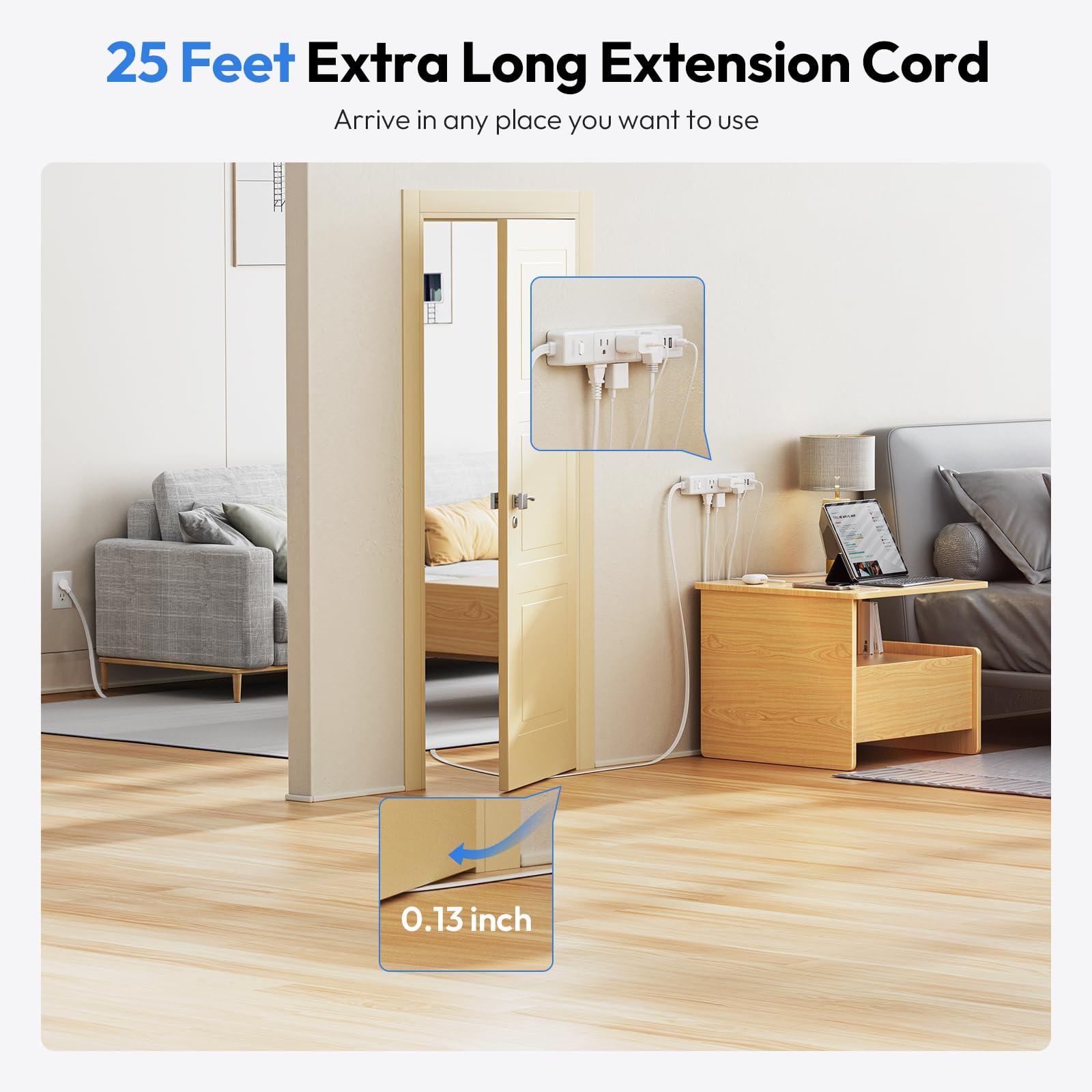 NTONPOWER Flat Extension Cord 25ft, 1080J Surge Protector, 13A / 1625W Overload Protection, Ultra Thin Flat Plug Extension Cord, 6 Outlets 2 USB-A & USB-C, White Extension Cord for Home, Dorm, Office