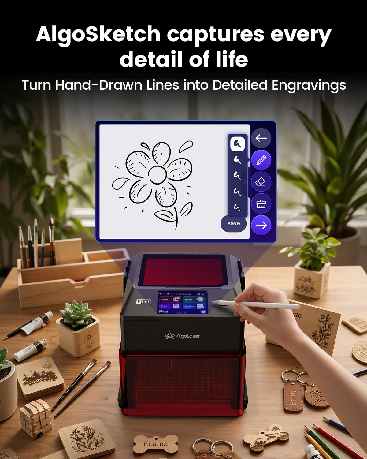 AlgoLaser Pixi - Grabador láser inteligente - Máquina grabadora láser portátil de 10 W con pantalla táctil de 3.5 pulgadas, sistema AlgoOS y aplicación, grabado láser para madera, acrílico, vidrio