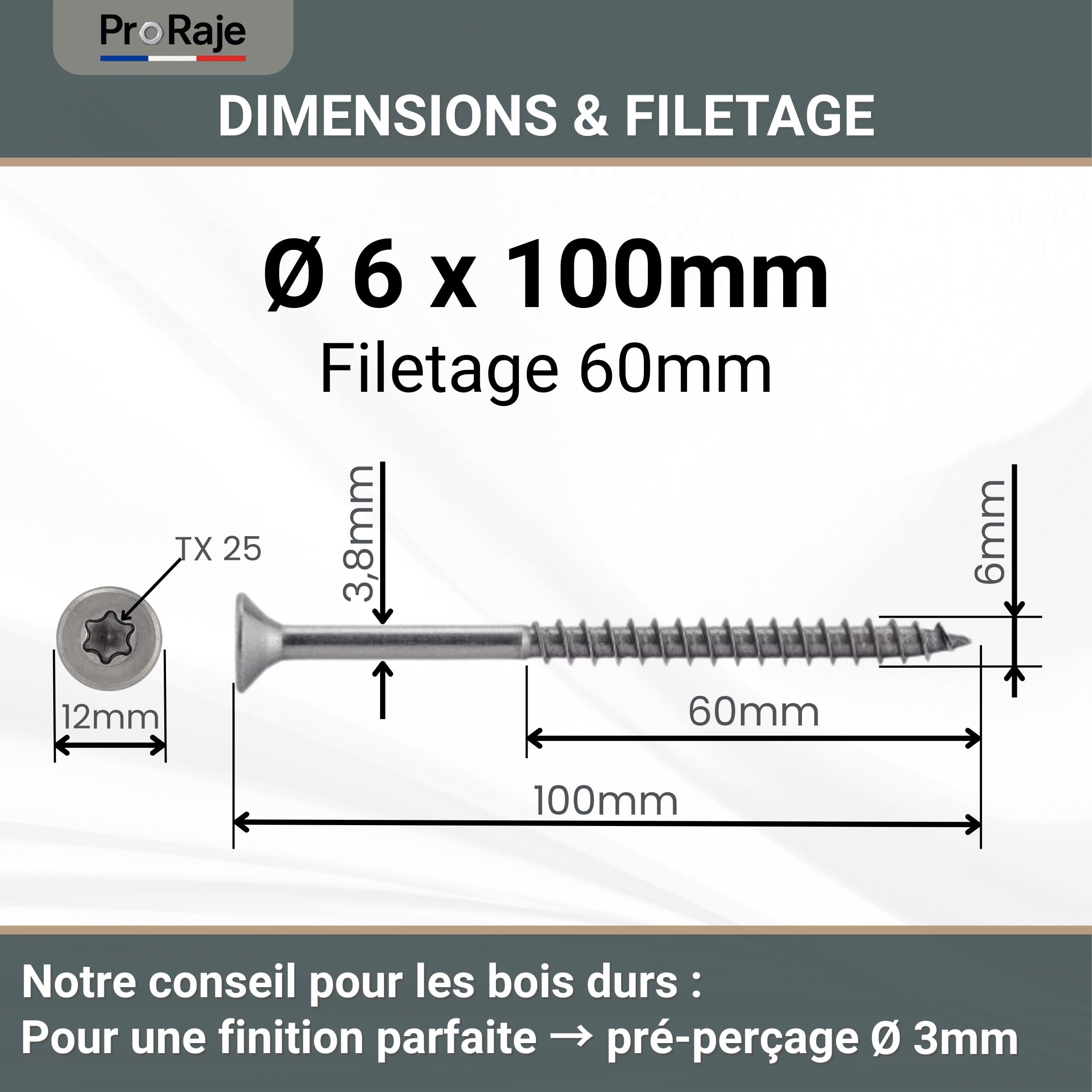 Edelstahlschrauben INOX A4: 6 x 100 mm (Gewinde 60mm) | Senkkopf mit TORX-Eingravierung (TX) | Edelstahl A4 (V4A / AISI 316) | für Konstruktion/Spanplatten/Terrasse/etc: 300 Stück im Set