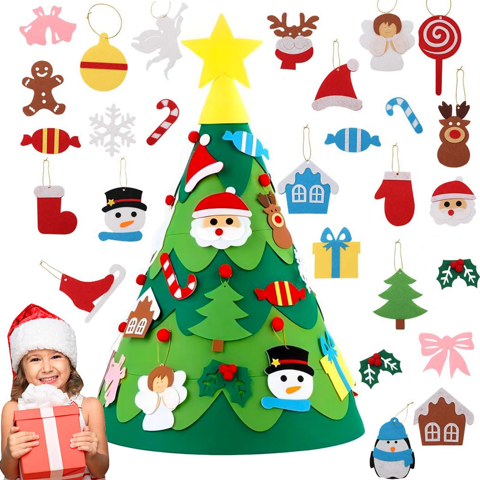 NEWUPZSI 3D DIY Fieltro Árbol de Navidad Toddler DIY Árbol de Navidad Hecho a Mano Adornos de Árbol de Navidad Juguetes de Año Nuevo para Niños Casa Puerta Decoración de Navidad