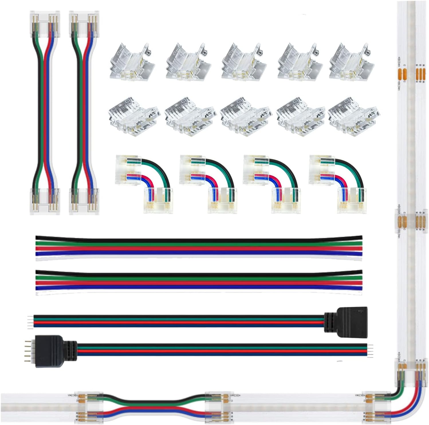 5 Pin Led Strip Connectors Kit for 12mm Width RGBW COB Led Strip Lights, L-Shaped/Dual-End with Wire/Strip to Strip/Strip to Wire/5PIN JST Connector,2 Conductor 24AWG