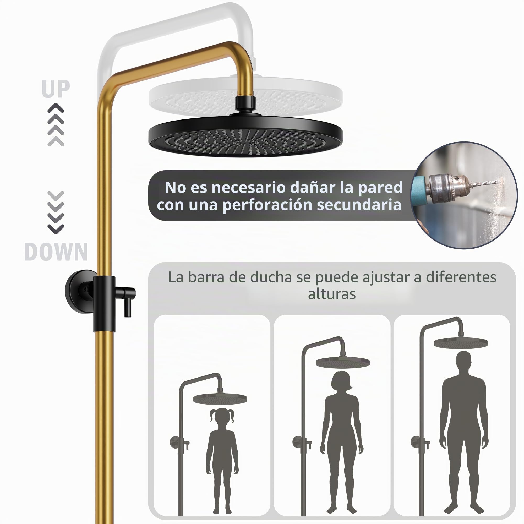 Ducha de lluvia sin grifería con estante, sistema de ducha con cabezal de ducha de acero inoxidable ajustable, barra de ducha, alcachofa redonda, 25 cm, negro y dorado
