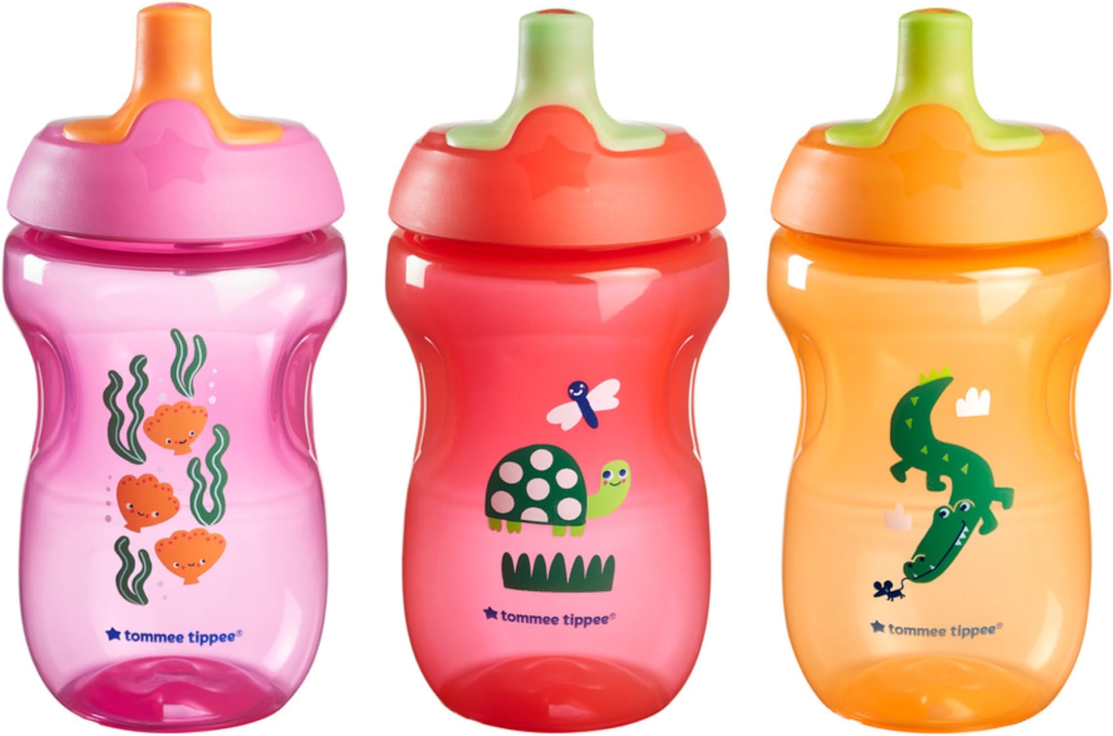 Sporty Bottle, 10oz Sippy Cups for Toddlers 1-3, Spill-Proof, Bite Resistant Spout, Easy to Hold Design, BPA Free, Pack of 3, Pink, Red and Orange