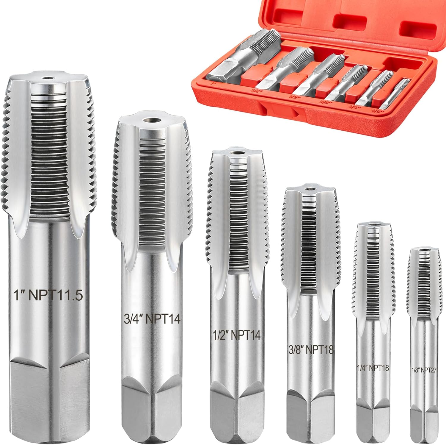 Toolwiz 6Pcs NPT Pipe Tap Set, 1", 3/4", 1/2", 3/8", 1/4", 1/8" Professional Taps Kit, Pipe Thread Cutting Tool with 4-Straight Flute Cutting Design, Alloy Steel NPT Tap Set with Storage Case
