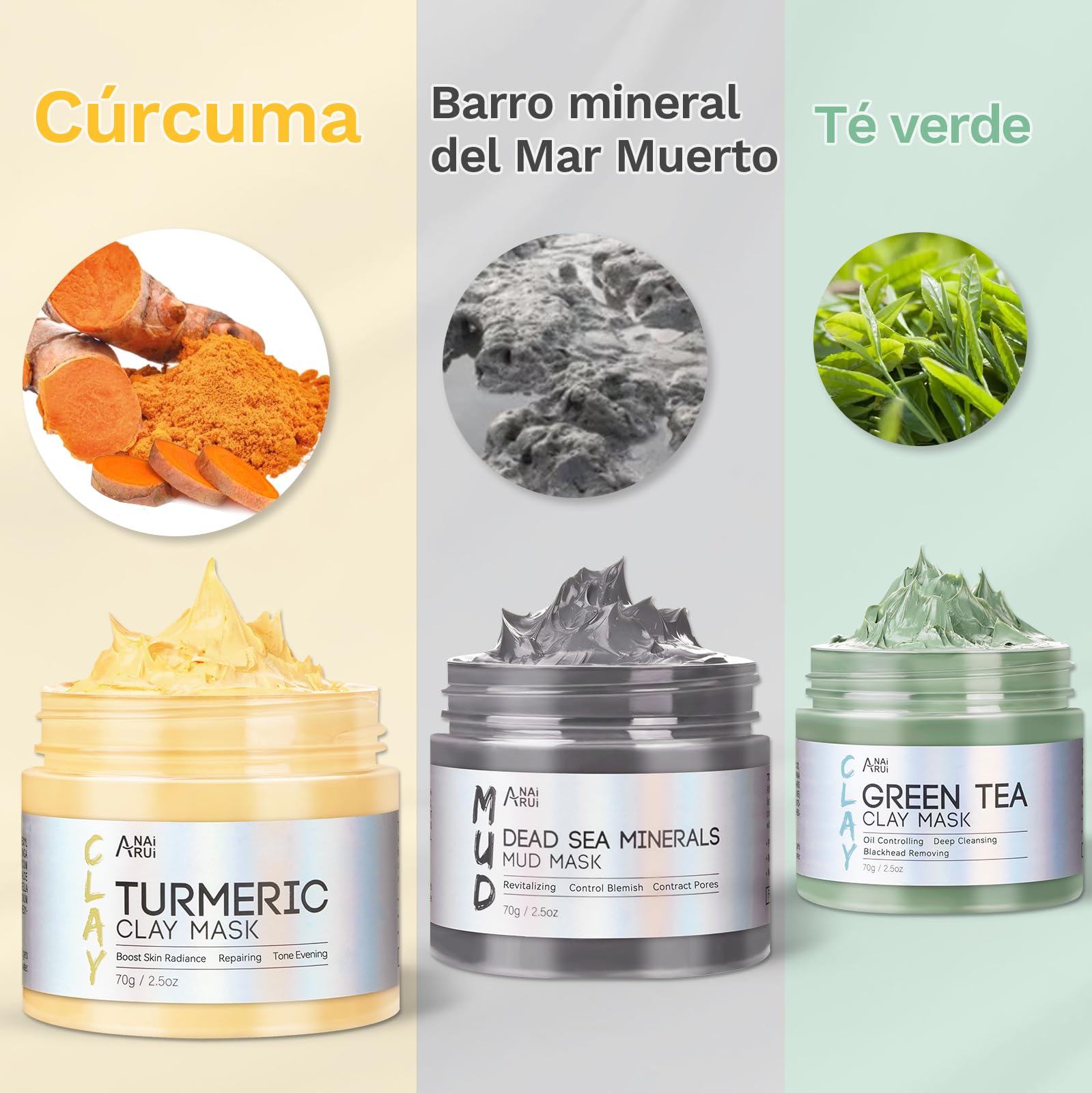 ANAiRUi Mascarillas Faciales de Cúrcuma + Mascarilla Arcilla Té Verde + Mascarilla de barro del Mar Muerto - Para limpieza facial profunda, hidratante e purificante, desintoxicante, 210g