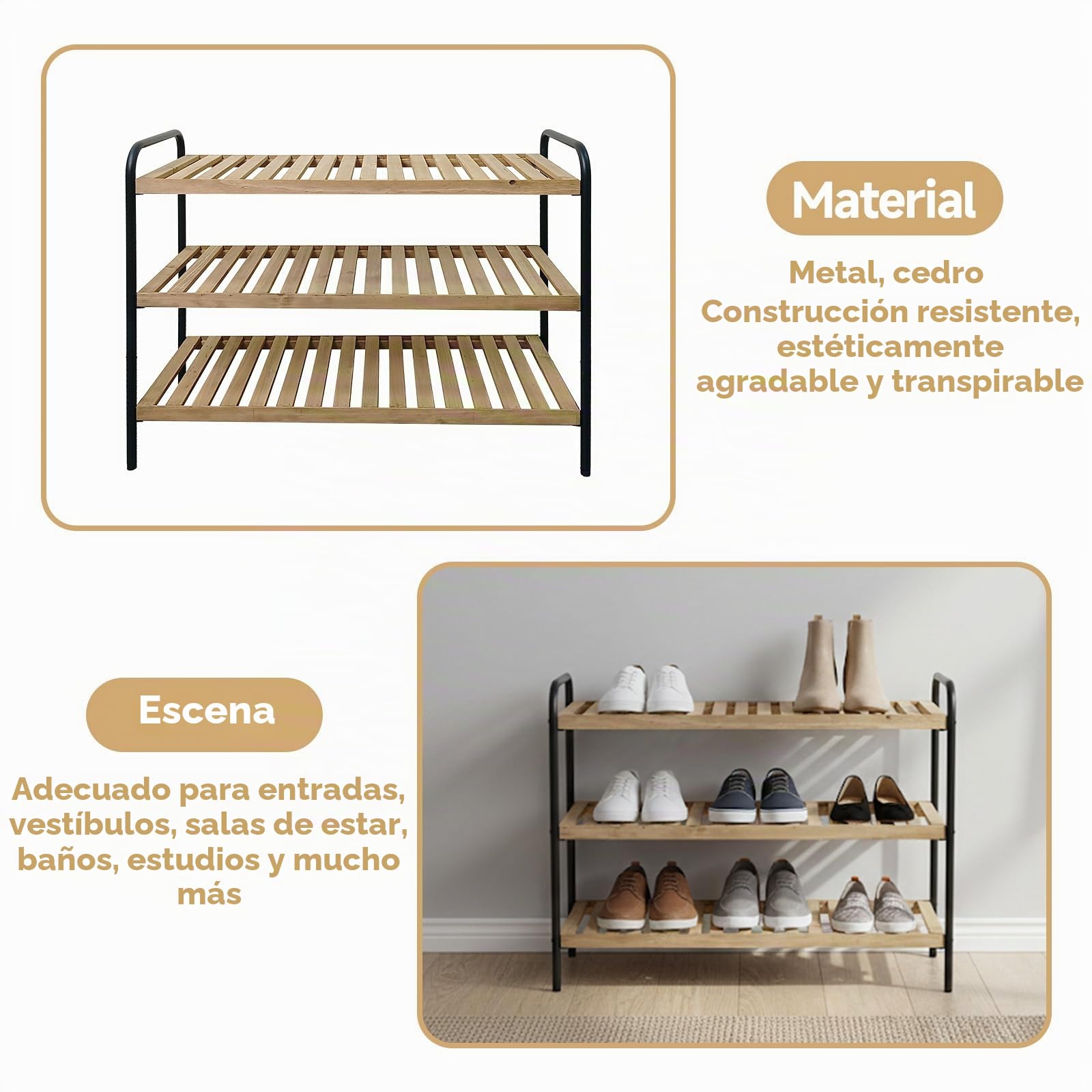 XZ-23244 Zapatero de 3 Niveles de Madera y Metal – Estante Organizador para Zapatos, Diseño Industrial, 70.5×28×56.6 cm – Ideal para Entrada, Dormitorio o Baño