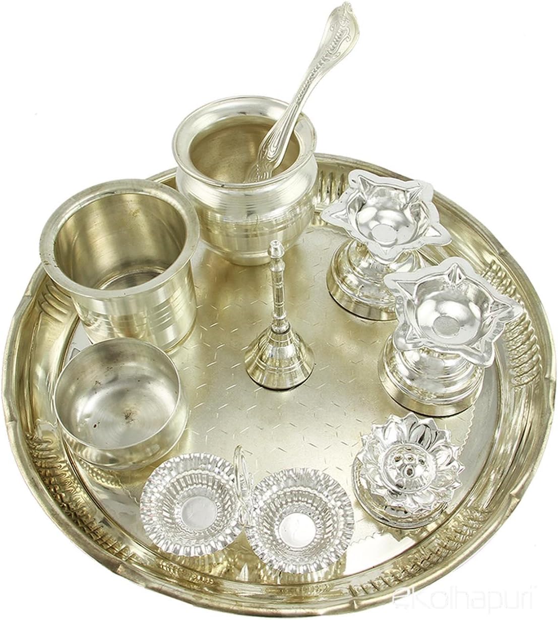 eKolhapuri Metal 1 Pooja Thali, 1 Bells, 1 Agardaan, 2 Diyas, 1 Haldi KumKum Set, 1 Panchamrut Set, 2 Katoris (Silver)