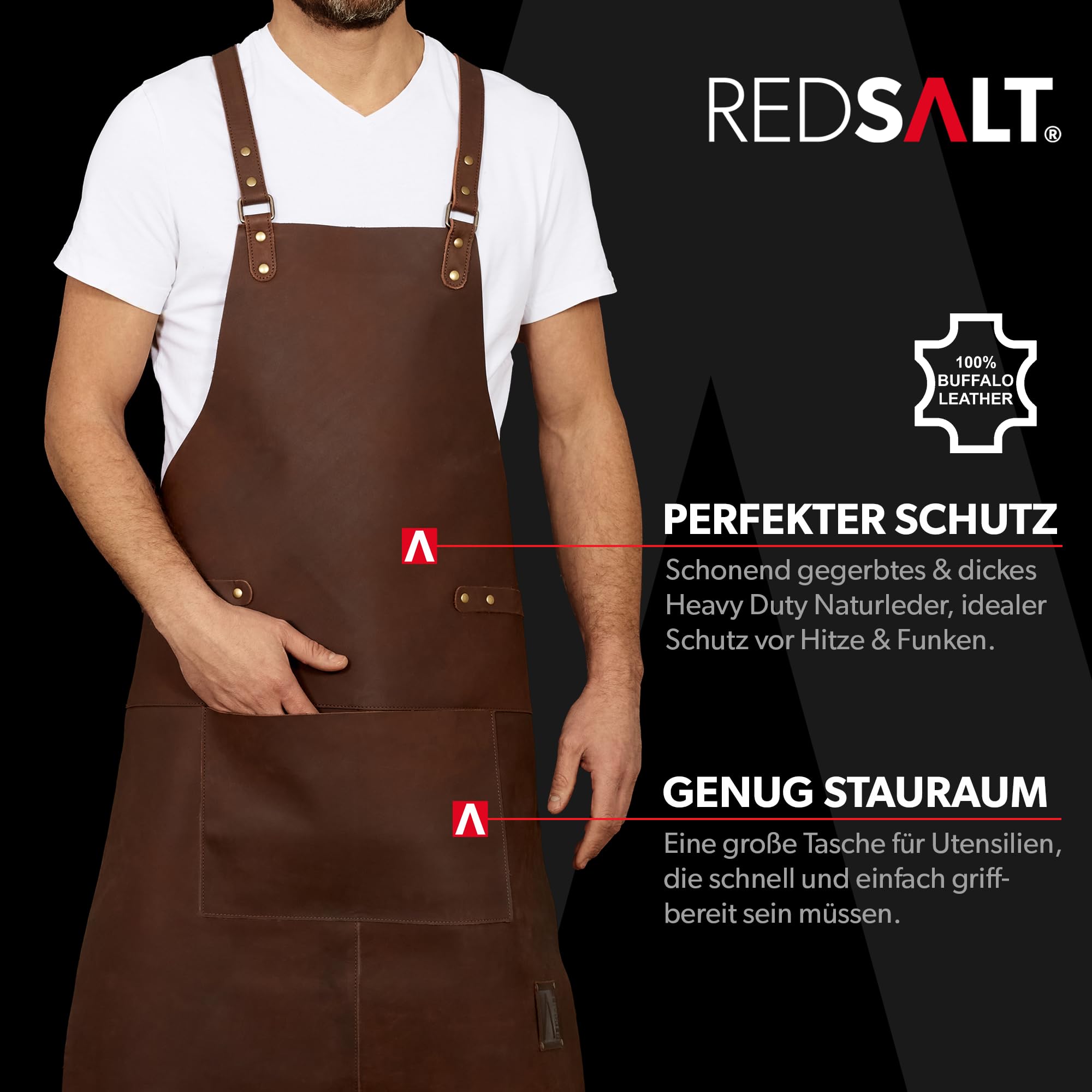 REDSALT® Premium - Delantal de piel de búfalo suave 100% piel de búfalo salvaje, 84x62cm, para barbacoa al aire libre, cocina, gastronomía, bar, barista o como delantal de cocina, regalo para hombres