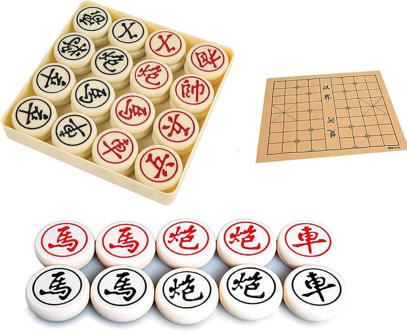 Classic Chinese Chess (Xiangqi) Board Game Set,Jade Fossil Bamboo Chess Pieces, Portable Travel Chess Set Imitation Leather Chess Board