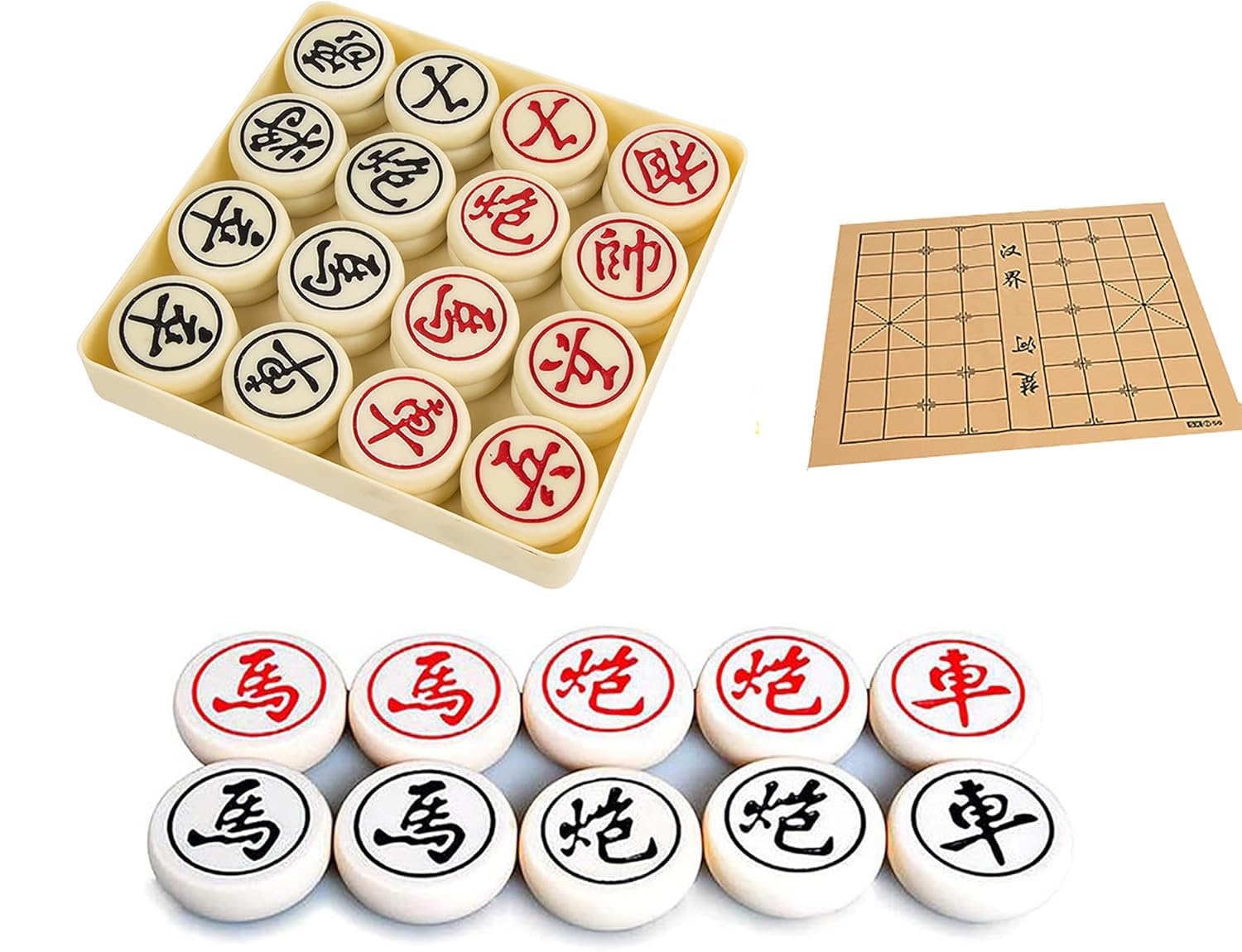 Classic Chinese Chess (Xiangqi) Board Game Set,Jade Fossil Bamboo Chess Pieces, Portable Travel Chess Set Imitation Leather Chess Board