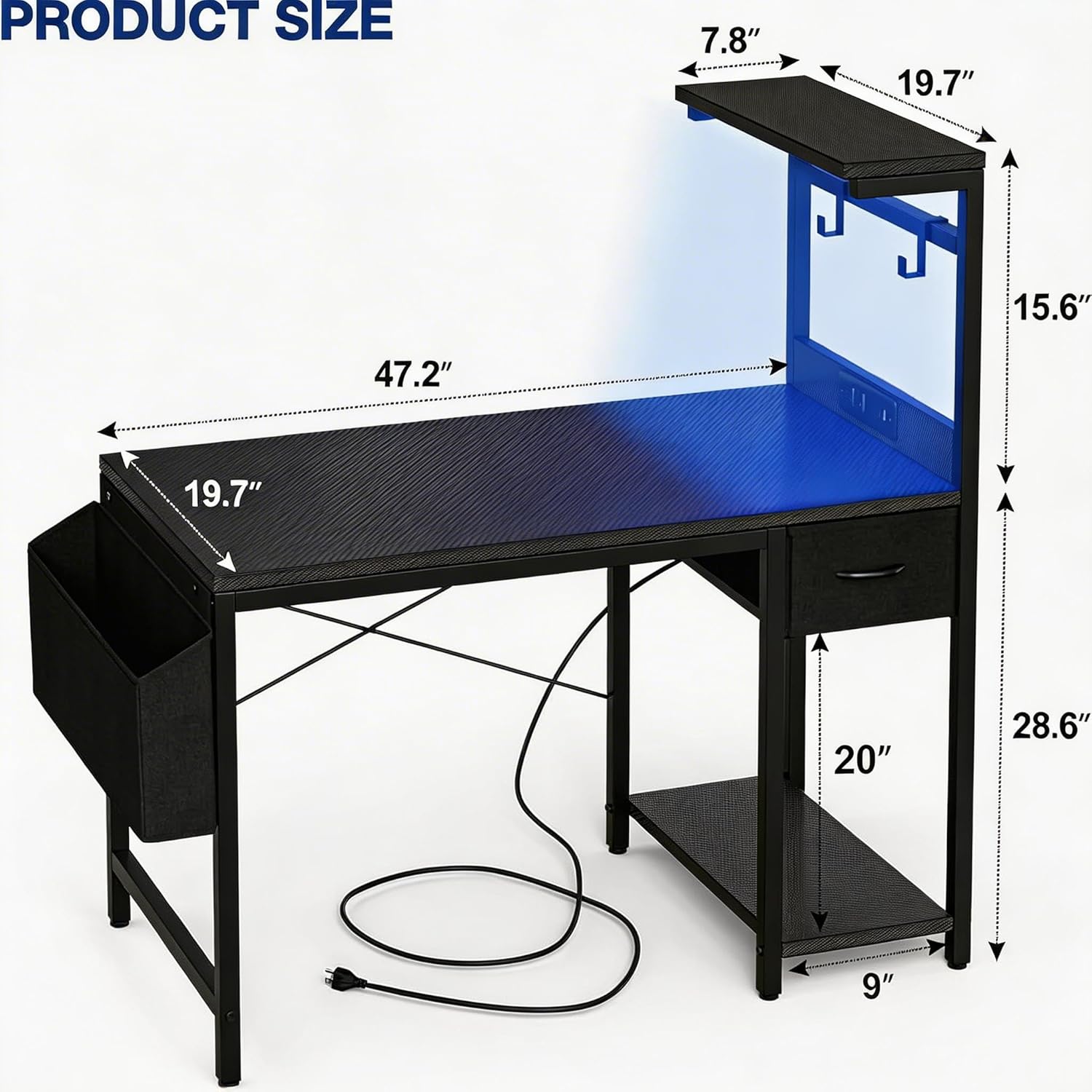 Grandder Gaming Desk 47 Inch with Power Outlet and LED Light, Computer Desk with Reversible Shelves and Storage Drawer, Pc Small Desk for Home Office Table with Bag, Carbon Fiber Black