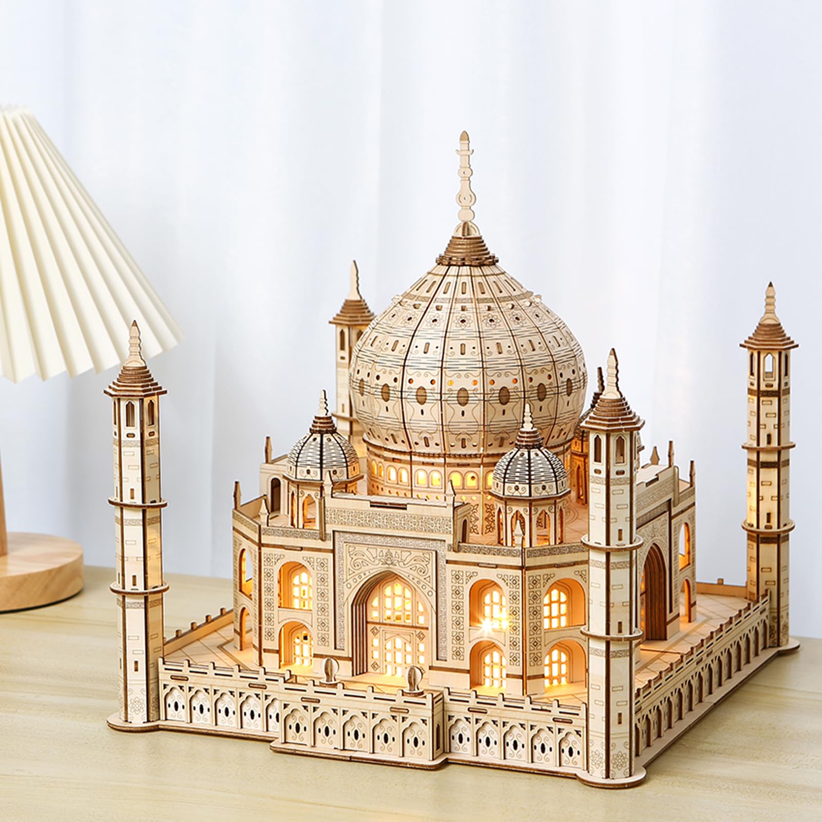 3D Holz Puzzle Modellbausätze für Erwachsene, DIY Taj Mahal Holzmodell mit LED-Licht zur Selbstmontage, mechanisches Konstruktions-Bastelset, Handwerk, Gehirn-Teaser (Der Taj Mahal)