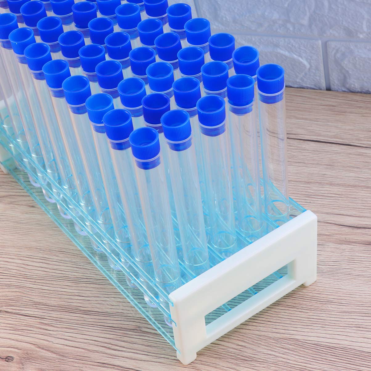 Tubo de Ensayo de Plástico Duro 50 Piezas con Soporte Azul | Cierre Sellado, Apto para Experimento Científico y Uso Doméstico, Adecuado para Guardar Polvo