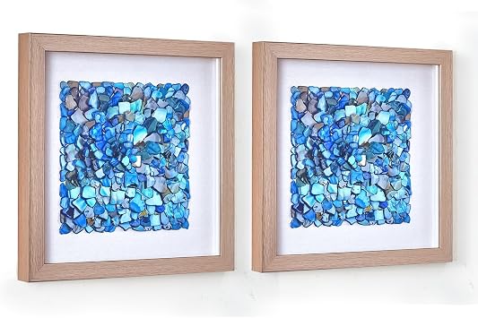 American Art Decor Blue Seashell Square Mosaic 3D Textured Wall Art with Champagne Frame, 2 Piece Set for Coastal Nautical Beach Theme Decor 11.75" x 11.75"