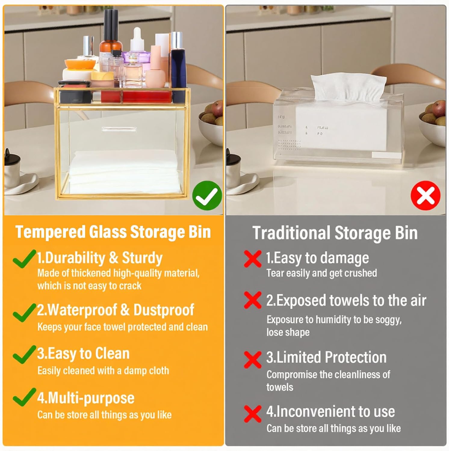 Disposable Face Towel Holder - Premium Glass Clean Towels XL Holder with Gold Frame, Dual Storage Organizer Box for Bathroom Vanity Countertop, Skincare & Makeup Essentials (7.5 x 5.9 x 6.3 Inches)