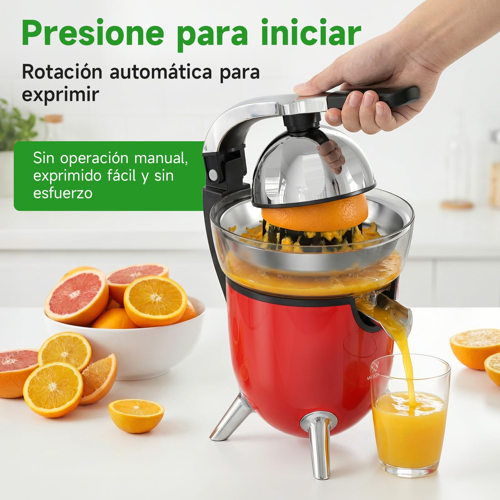 Woox Exprimidor de Naranjas Electrico, con Brazo de Palanca, 100W, Exprimidor Electrico Silencioso con 2 Conos para Limones y Pomelos, Boquilla Antigoteo, Sin BPA, Desmontable y Fácil de Limpiar