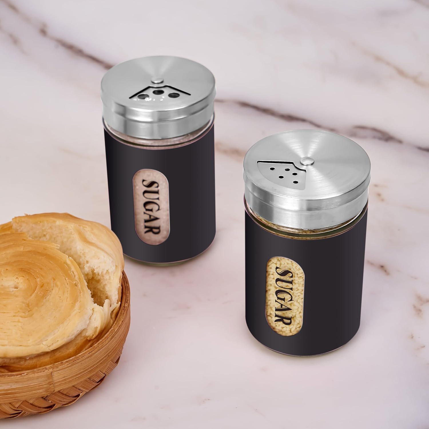 Sugar Shaker Duster Stainless Steel and Glass Set with Adjustable Pour Holes Cinnamon Shaker For Coffee Bar,set of 2 (Black) image 2