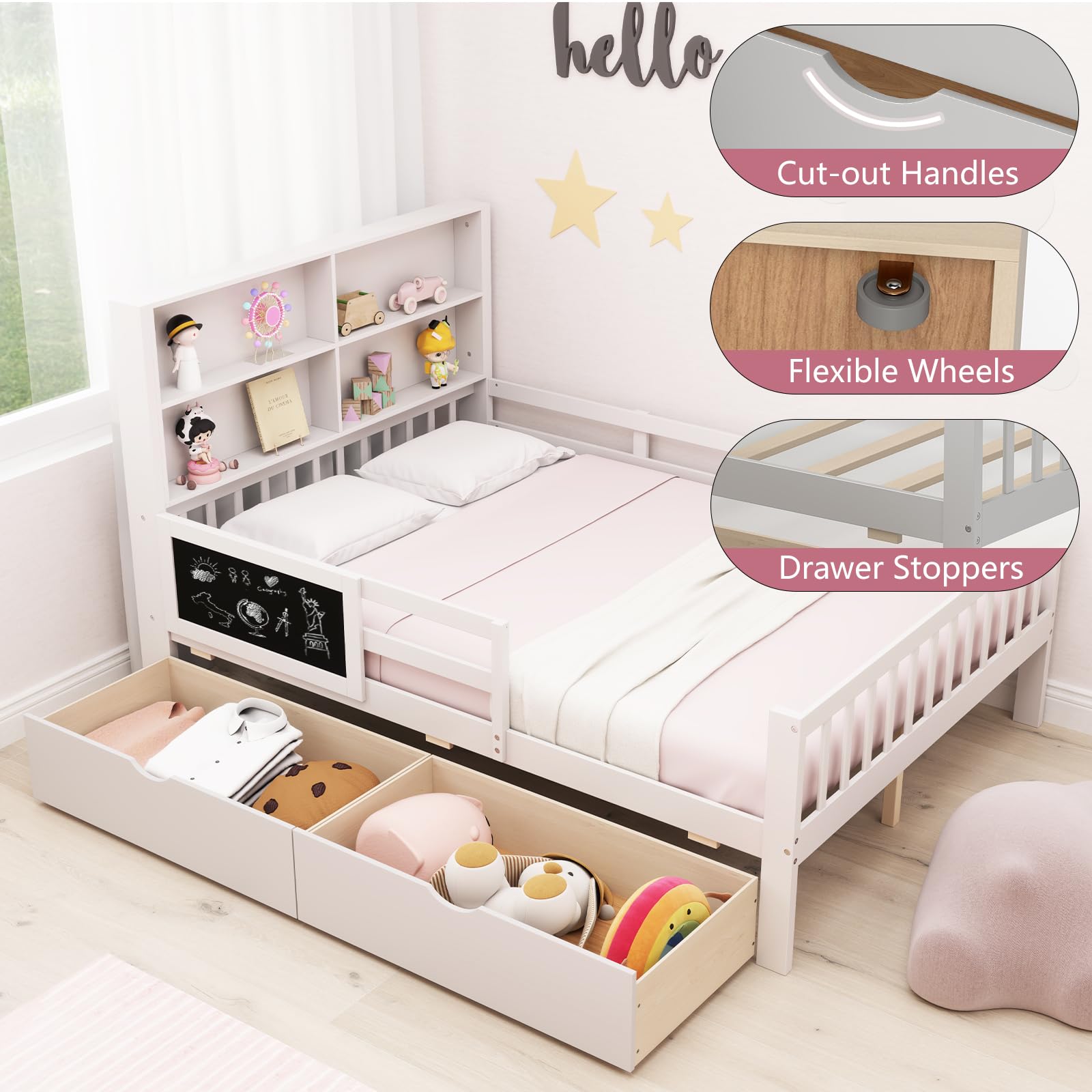 GIANTEX Kinderbett 140x200 cm mit Bücherregal & Tafel, Doppelbett mit Stauraum, Jugendbett mit 2 Schubladen, Plattformbett Bettgestell mit Rausfallschutz & Lattenrost, Holzbett für Kinder, Weiß