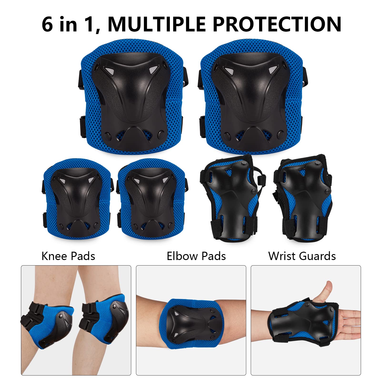 SKT HP Equipo de protección para adultos, rodilleras, coderas, muñequeras para patinaje en línea, ciclismo, patineta (azul)