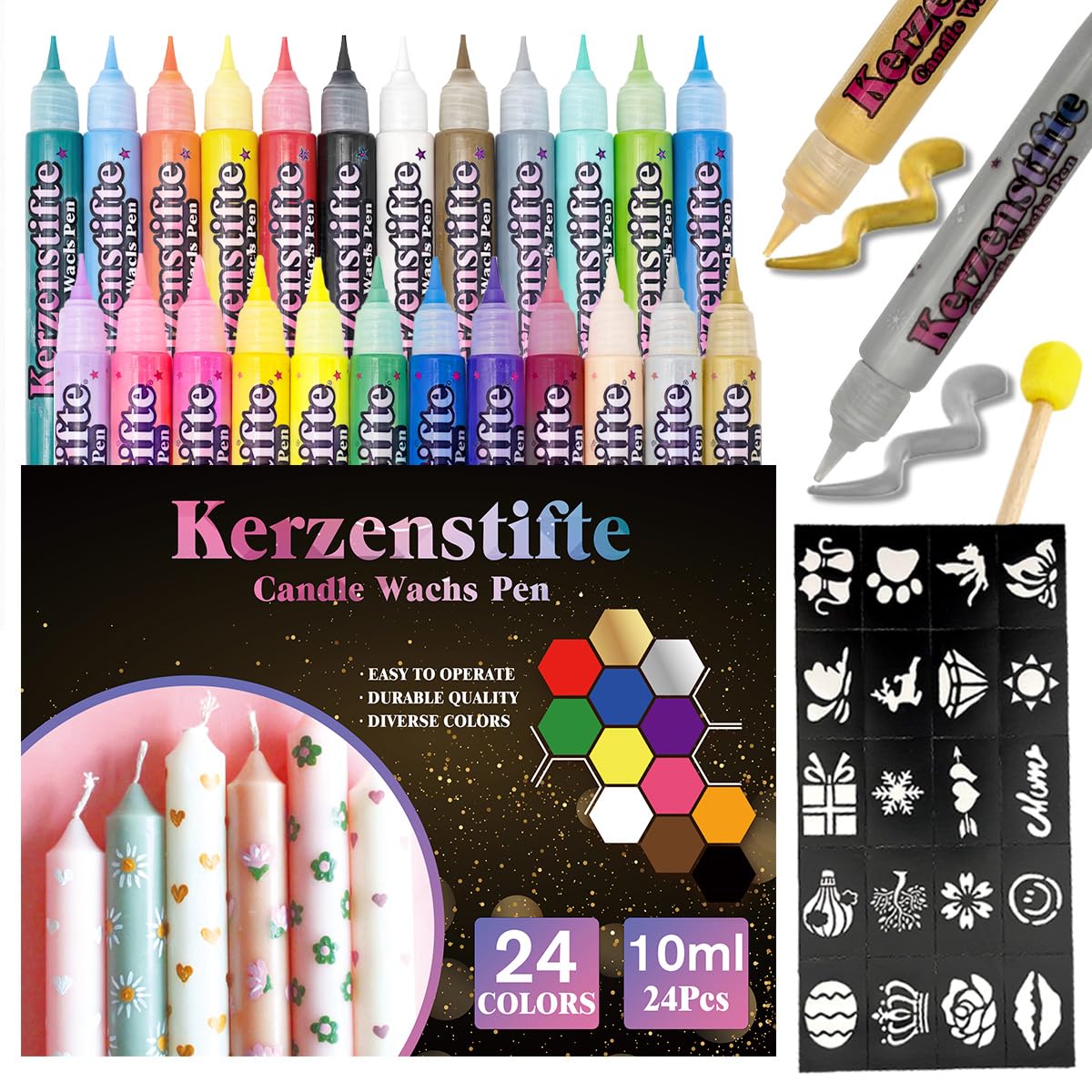 CAwished 10ml Candle Painting Set with Cut-Out Stickers and Sponge Tools Candle Wax Pens for Ideal for Candle Decorating & Designing Color (24 Colors)