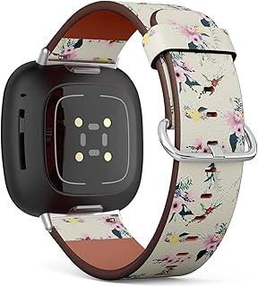 CJBROES Replacement Leather Watch Band, Compatible with Fitbit Versa 3 and Fitbit Sense of Wristband Bracelet Accessory - Flowers on Bright