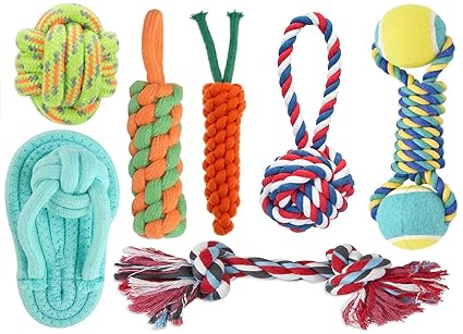 HASHWING Combo of 7 in 1 Dog Rope Toys for Medium and Adult Dogs, Pack of 7 Ball,Sleeper,Dummy,Carrot,Handle Ball,Tennis Dumbell,2KNOT.