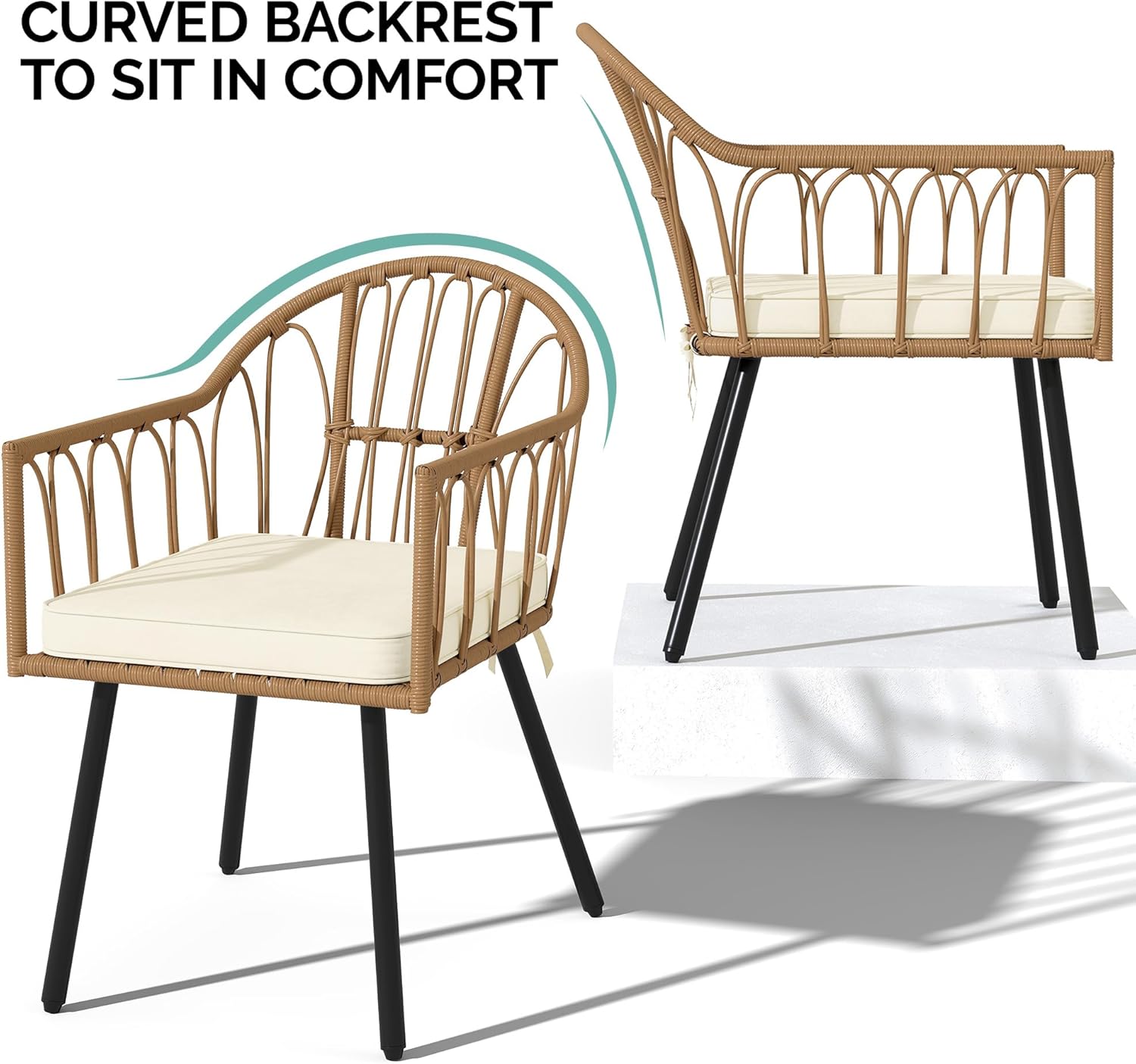 YITAHOME 4 Pieces Rattan Wicker Dinning Chairs, Outdoor Indoor Patio Furniture Set with Cushion and Curved Back All Weather Bistro Chair for Garden Backyard Porch Poolside Restaurant (Beige)