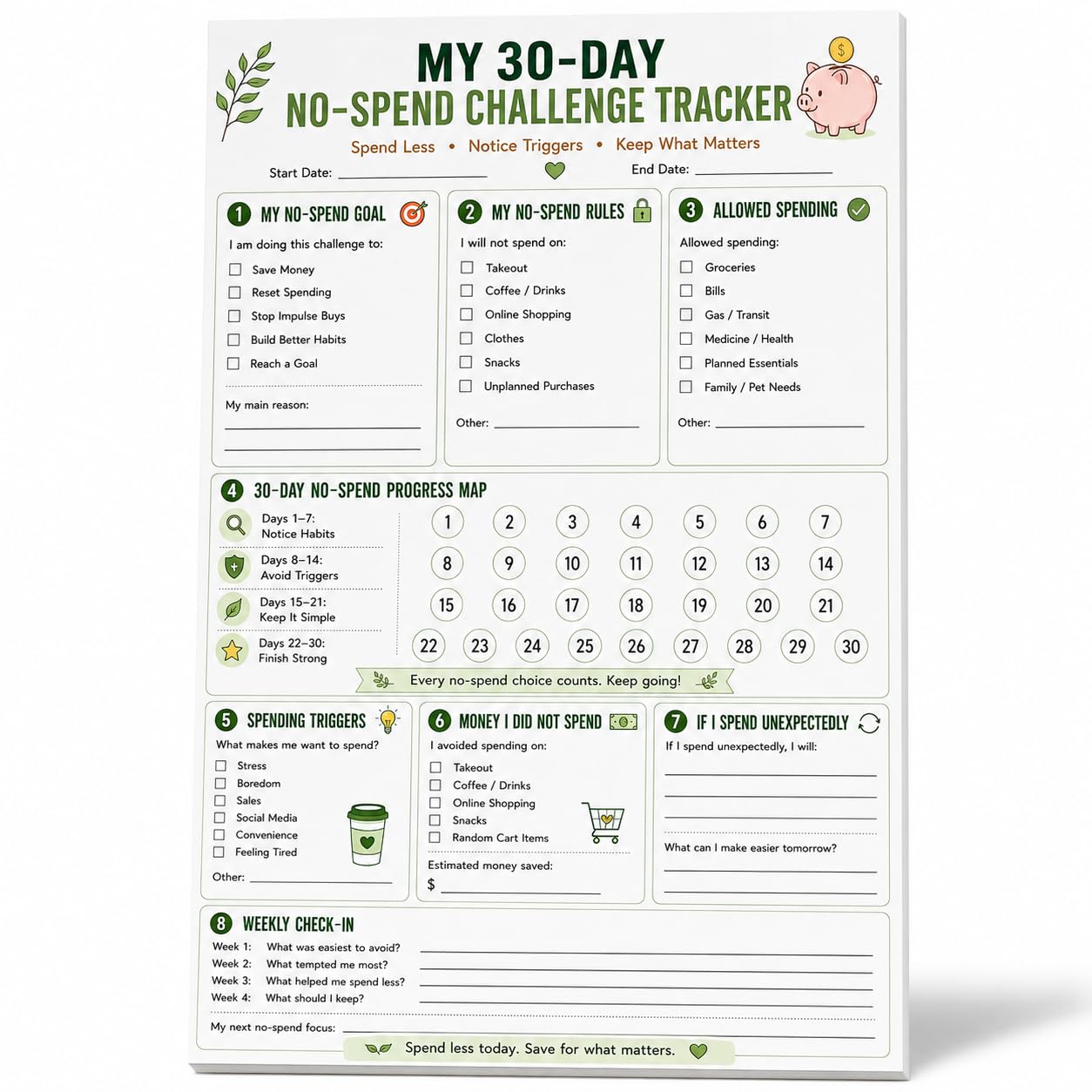 Bloc de notas No-Spend Challenge de 50 hojas con registro semanal 8