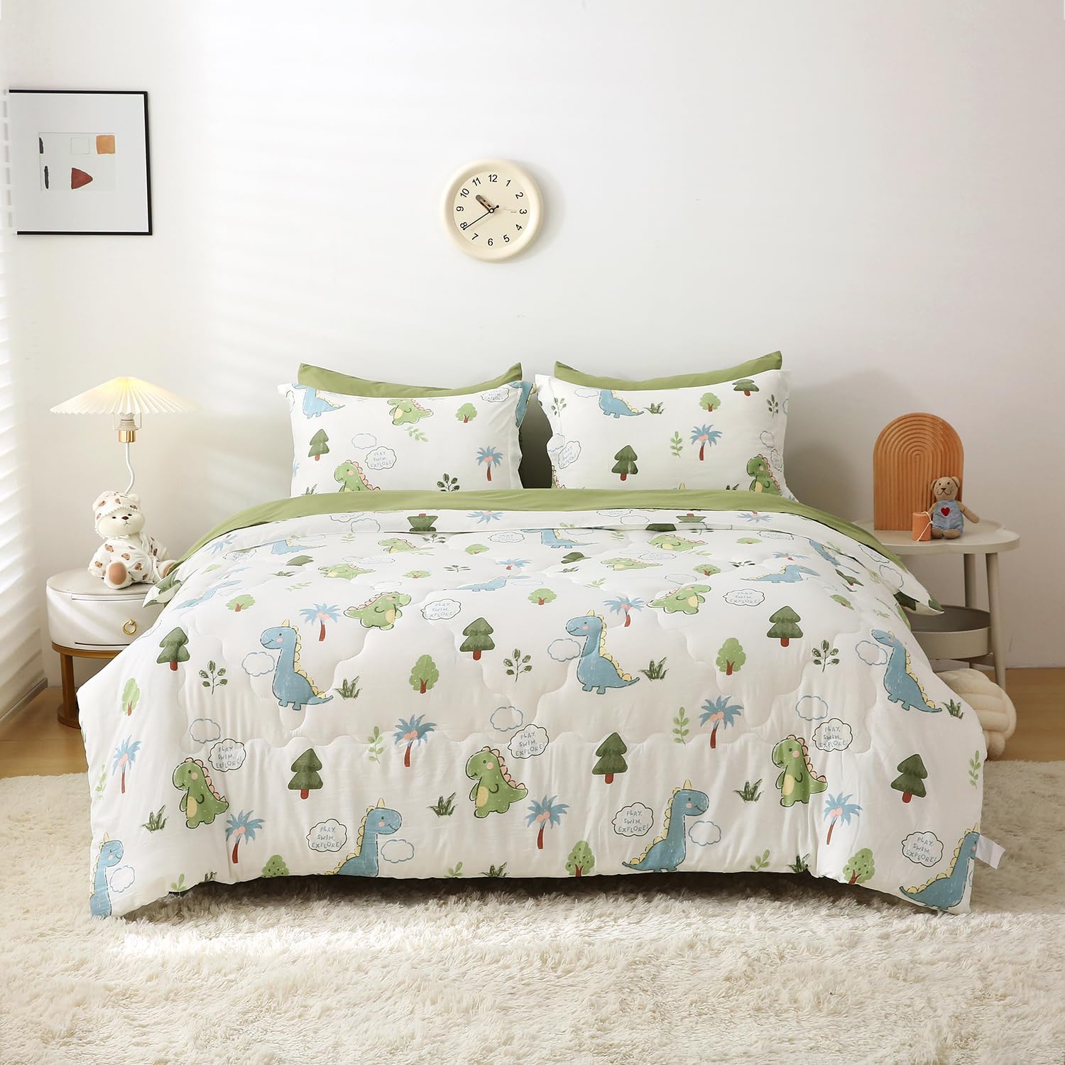 Wajade Kids Dinosaurs Comforter Set Bed in A Bag Twin Size 7 Piece Cute Green Dinosaur Jungle Bedding Set for Girls Boys (1 Comforter, 1 Flat Sheet, 1 Fitted Sheet, 2 Pillowcase and 2 Pillow Sham) - Image 5