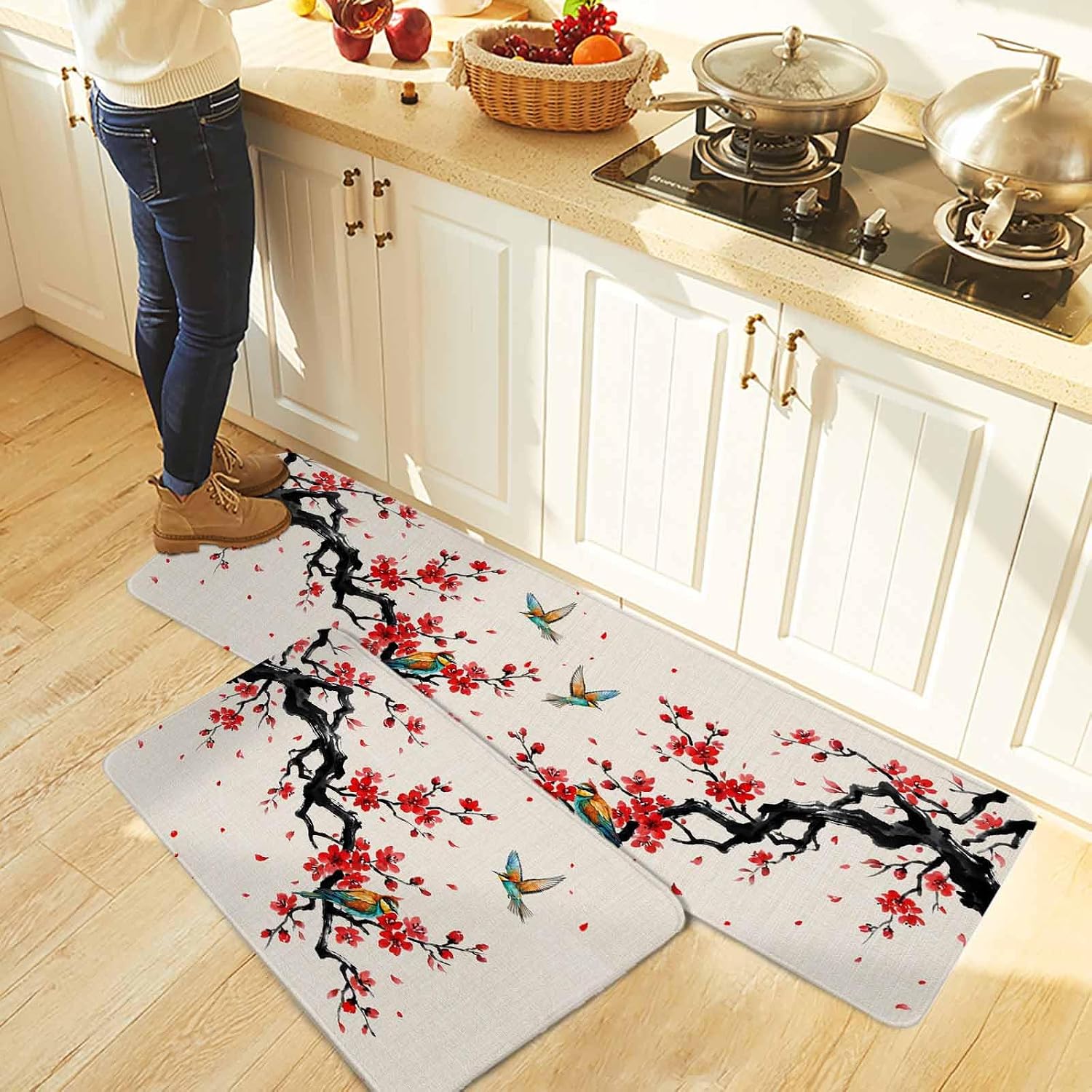 Red Spring Floral Kitchen Rugs and Mats Set of 2, Non-Slip Kitchen Sink Mat, Birds Branches Watercolor Flowers Rustic Washable Doormat Bathroom Rugs Runner for Bedroom 19.7"x23.6"+19.7"x47.2"